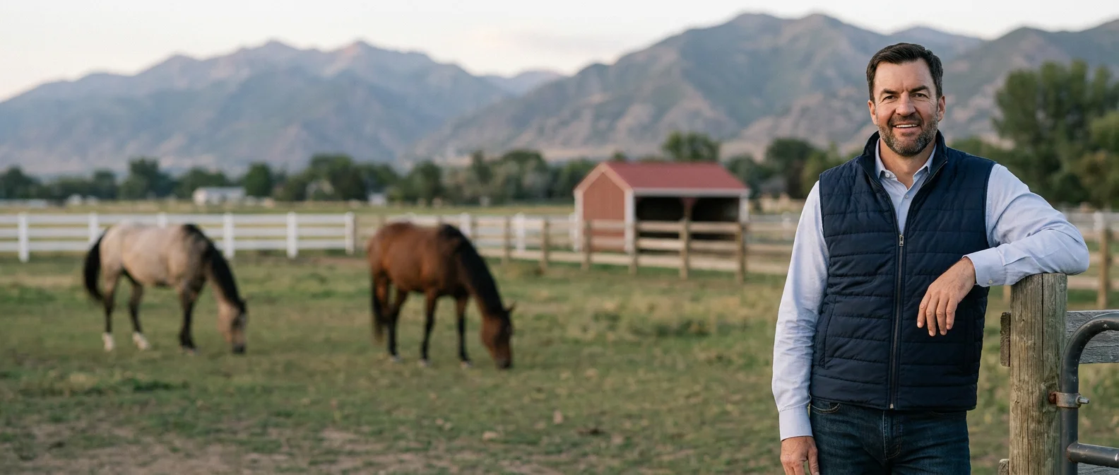 Ben Dickamore leaning on a pasture gate with horses grazing behind him