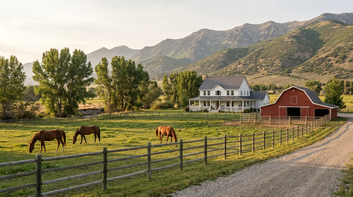 Farmhouse and red horse barn on irrigated pasture with horses grazing below the Wasatch mountains