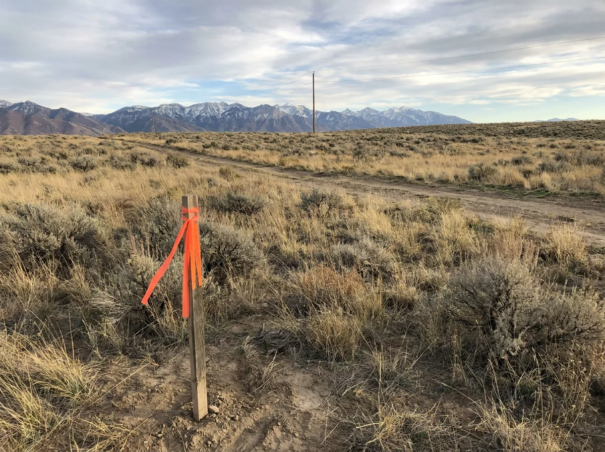 Open sagebrush acreage with a flagged survey stake and the Wasatch mountains beyond