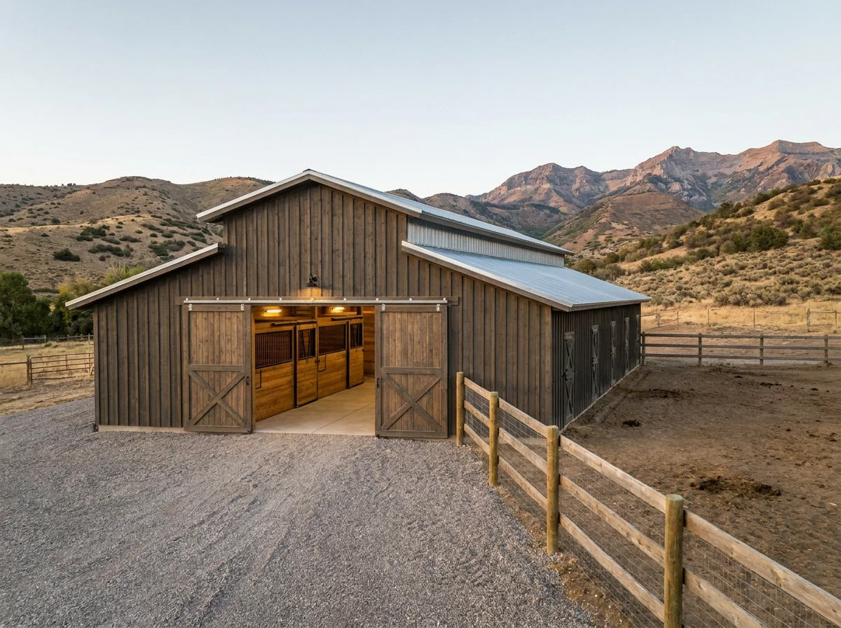 Board-and-batten horse barn with sliding doors open to a lit stall aisle