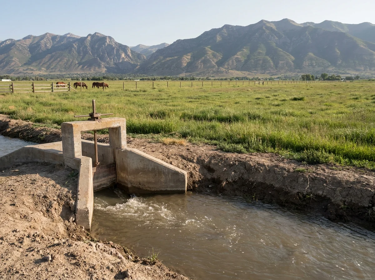 Concrete irrigation headgate on a ditch beside a flood-irrigated northern Utah pasture