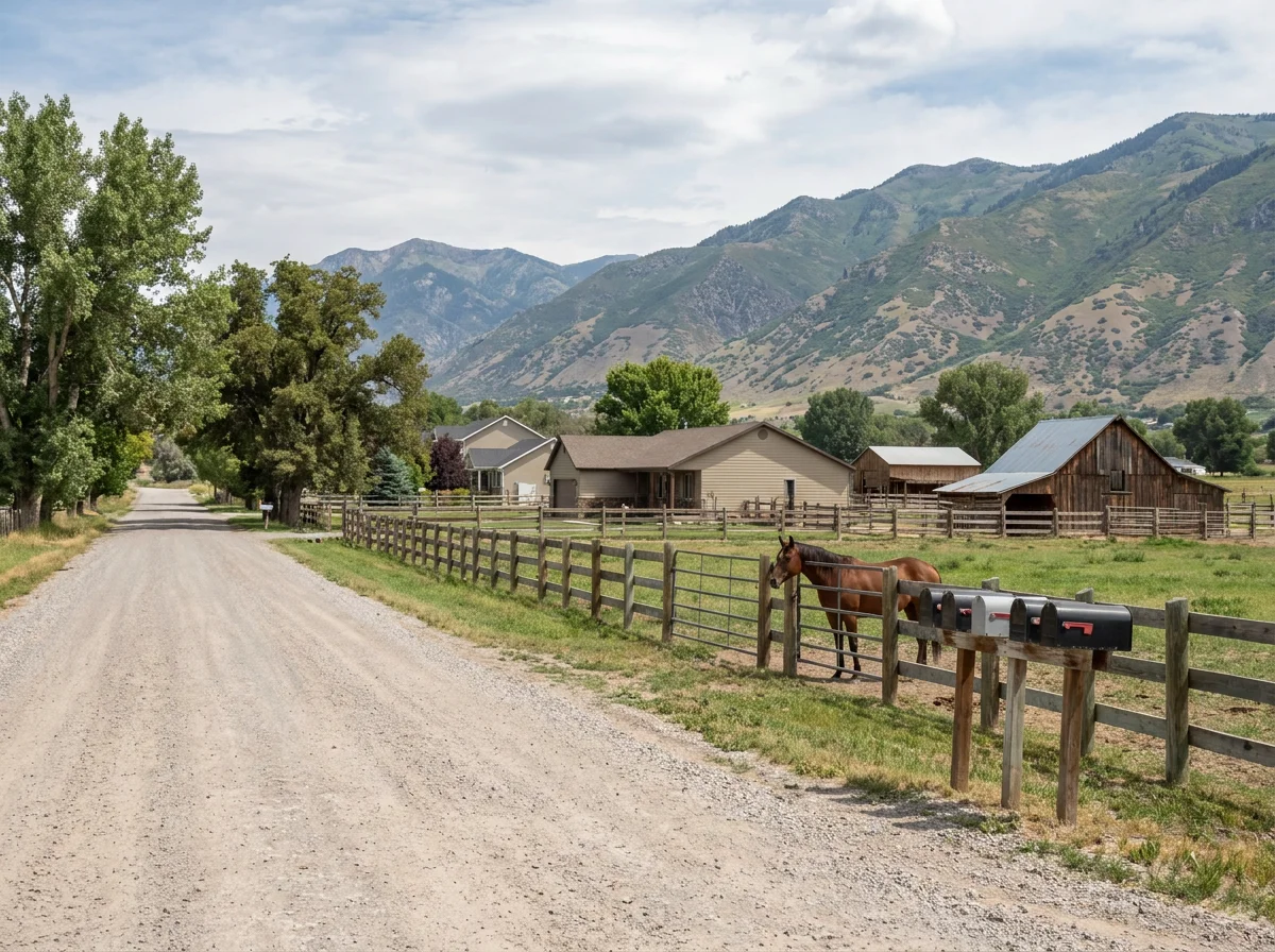 Rural Utah lane lined with acre-plus horse properties, corrals, and small barns