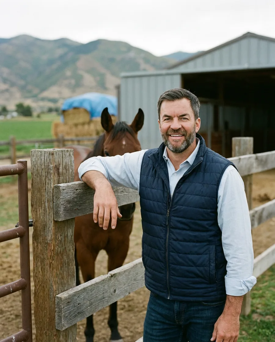 Ben Dickamore at a paddock fence with a bay horse on a northern Utah horse property